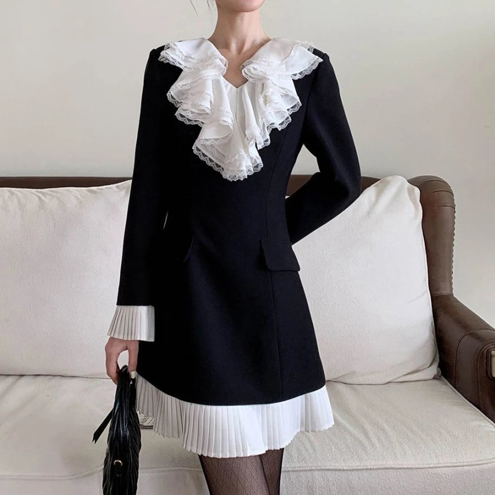Cascading Ruffle Leaf Edge Collar Midi Dress for Women