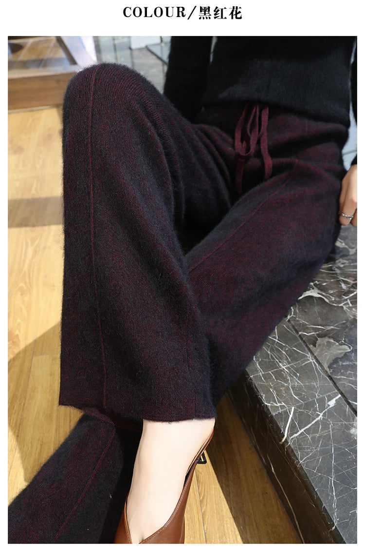 Elastic Waist Wide-Leg Knitted Cashmere Trousers for Women