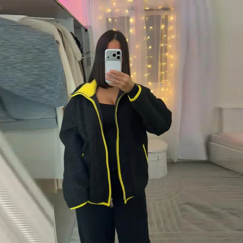 Fuzz Yellow Contrast Long Sleeve With Zipper Coat for Women