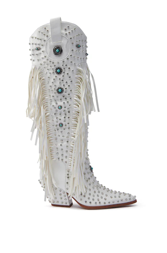 2025 Diamond Fringes Western Boots Women Sparkly Block High Heels Crystal Trim Shoes Ladies Winter Pointed Toe Knee High Boots