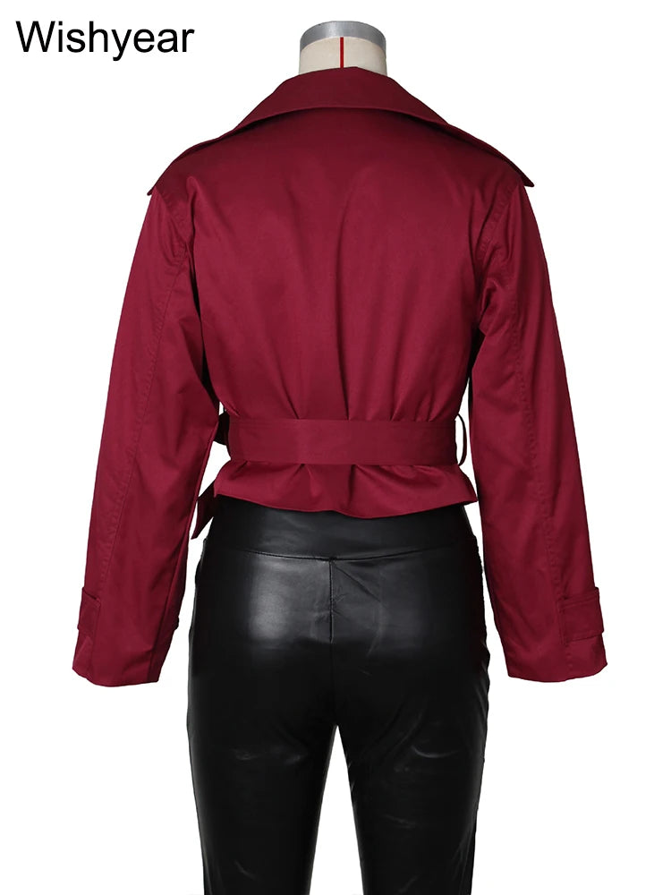 Lace-Up Double-Breasted Cropped Windbreaker Jacket for Women