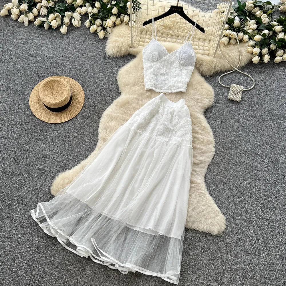 3D Floral Lace Camisole and Pleated Skirt Set for Women