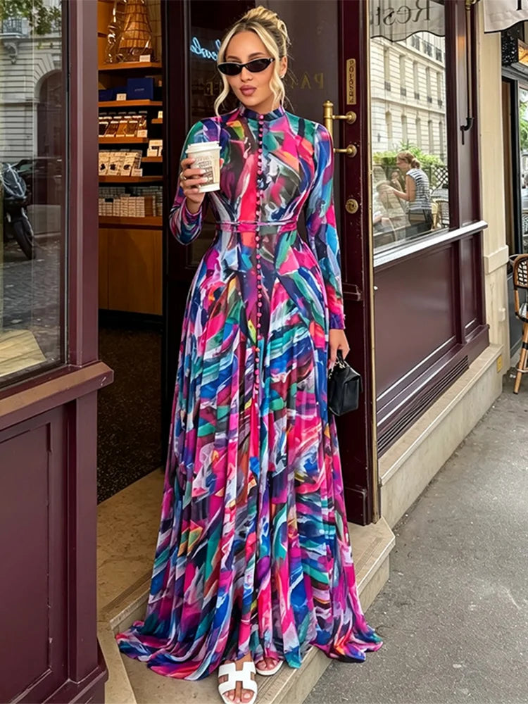 Chic O-Neck Printed Long Sleeve Casual Summer Dress for Women
