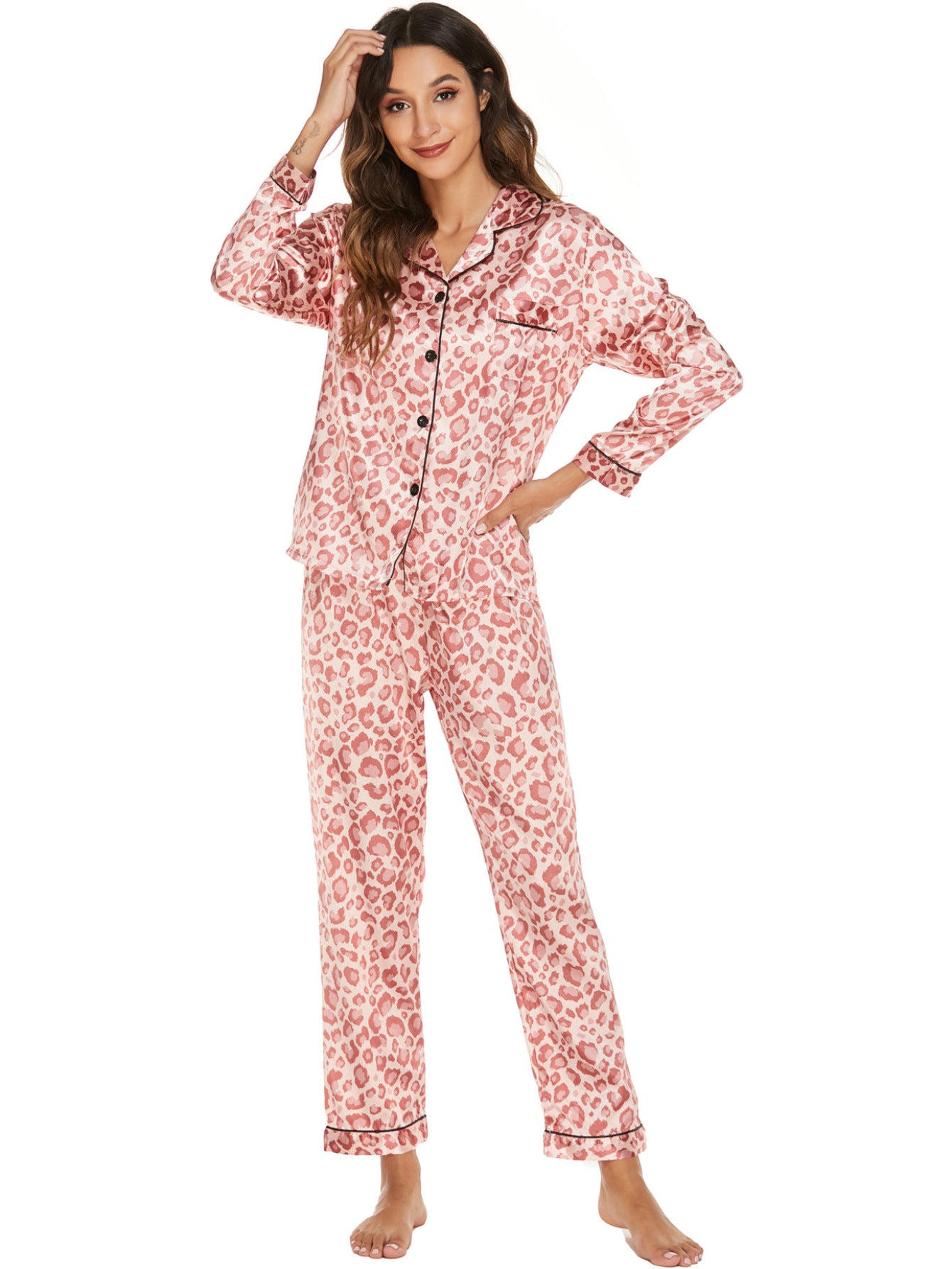 Women 2 Pieces Satin Pajamas Set Spring Autumn Long Sleeve Button Up Shirt and Casual Loose Elastic Pants Sleepwear Loungewear