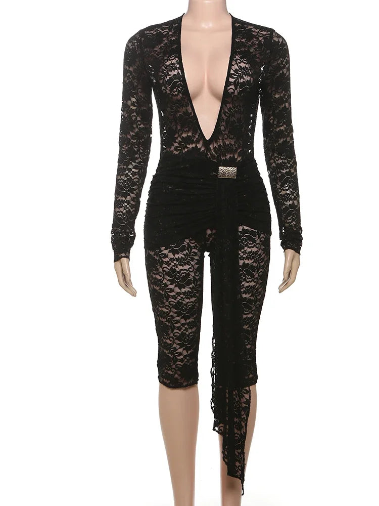 Low Neck See Through Jacquard Long Sleeve Romper for Women