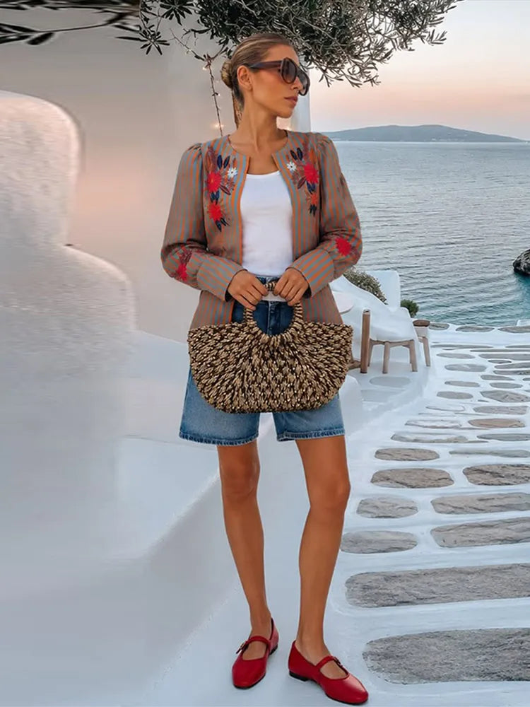 Elegant Striped Embroidered Open Stitch Jacket for Women