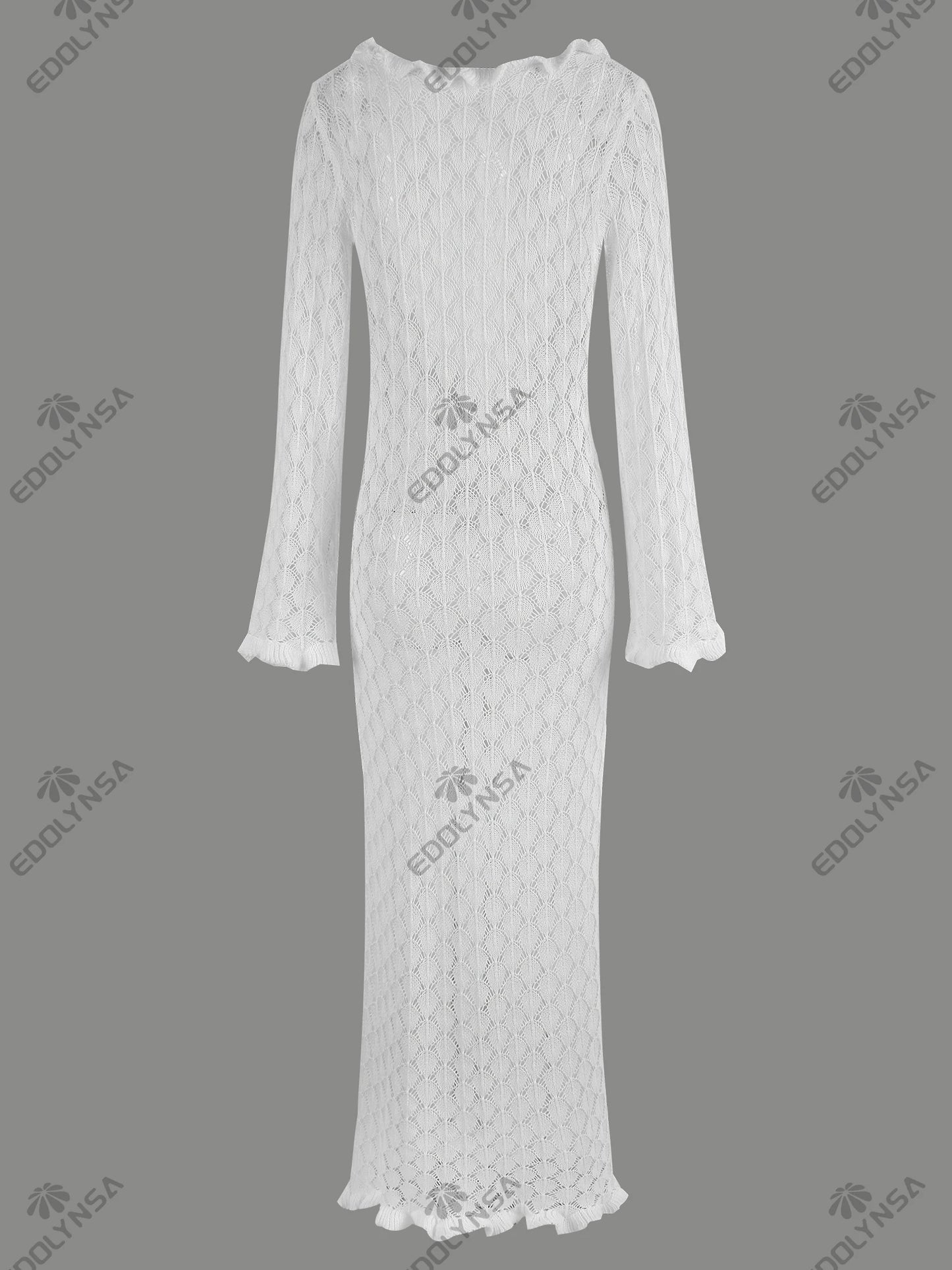 Sexy Frill Big V Neck Hollow Out Long Sleeve Maxi Dress Summer 2025 Feminine Swimwear Bikini Cover Up Women Holiday Outfits K221