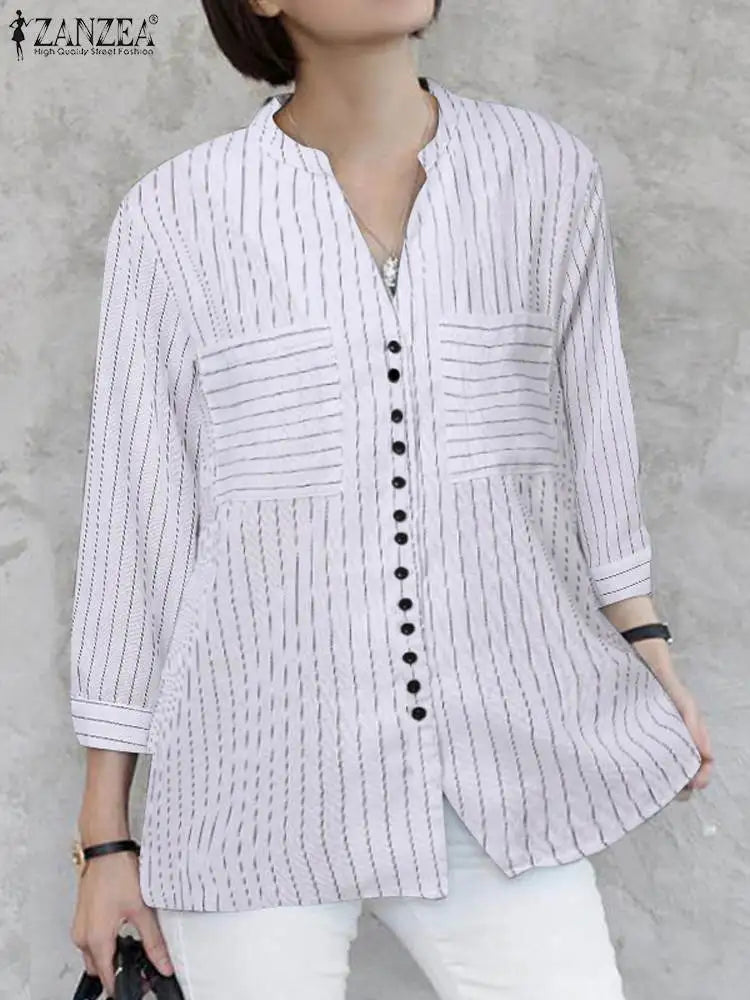 ZANZEA Fashion Stripe Printed Shirt Summer  3/4 Sleeve V-Neck Blouse Female Casual Blusas Mujer Woman Elegant Loose Korean Tops