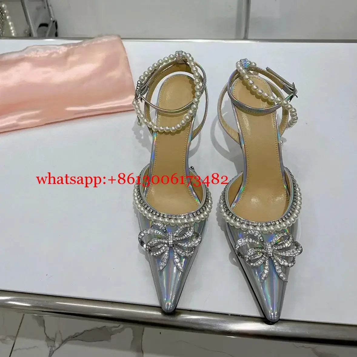 Candy Color Crystal Bow Pearls Buckle Sandals Design Women Rhinestones Bow Pointed Toe Pearls Buckle Slingback 8Cm Heel Sandals