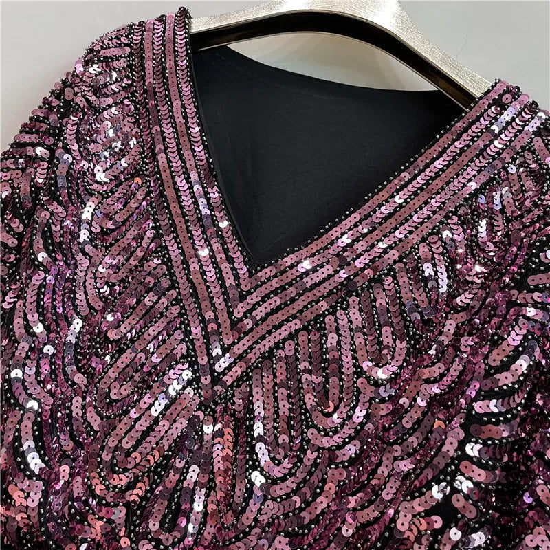 Ladies New Heavy Handmade Bling Beaded Sequins Batwing Sleeve Top Slimming Oversized Blouse Elegant Nightclub Pullover Shirts