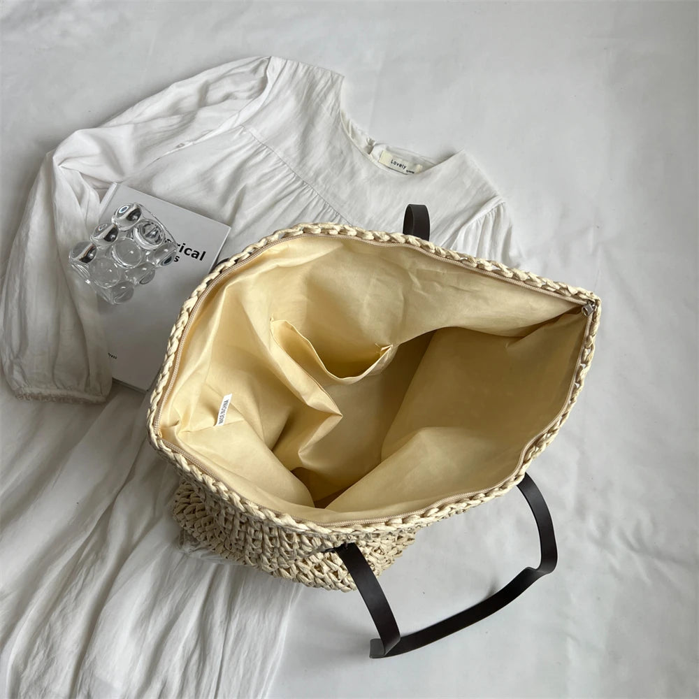 Large Capacity Straw Woven Shoulder Tote Bag for Women