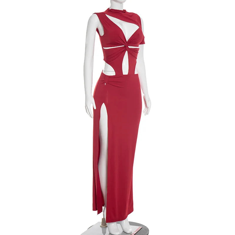 Twist Hollow Patchwork High Split Maxi Dress for Women