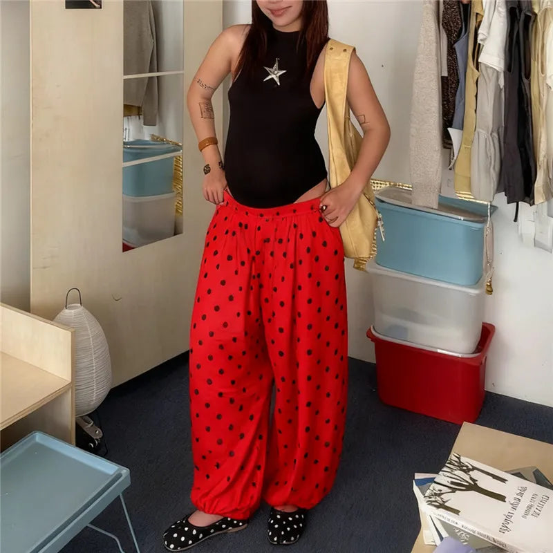Retro Polka Dot Wide Leg Casual Trousers for Women