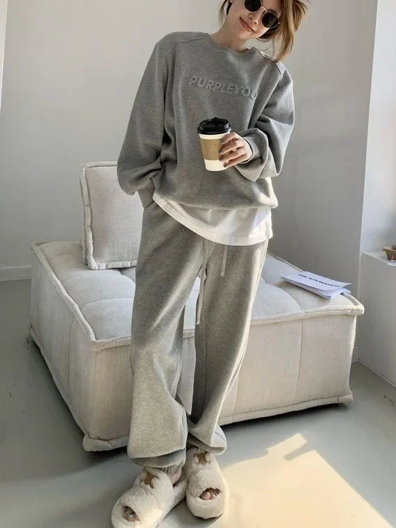 Thick Tracksuit Women Two Pieces Set Sweatshirts Pullover Hoodies Pockets Pants Suit Trousers Sports Matching Sets Autumn Spring