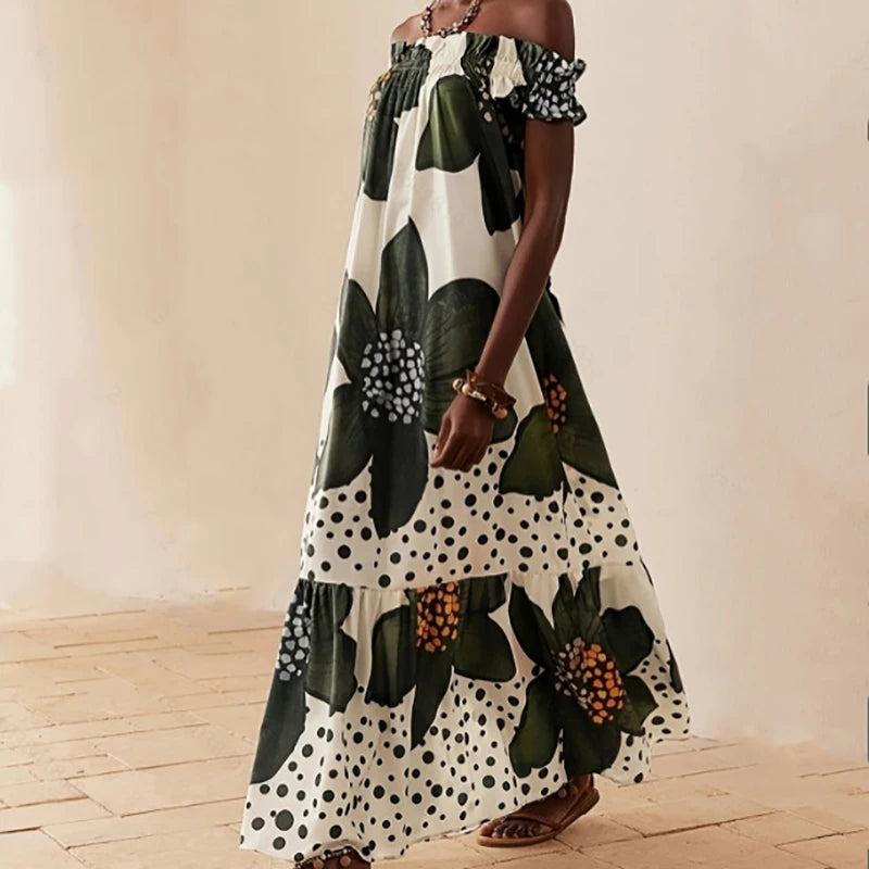 Sexy Off Shoulder Hight Waist Holiday Dress Fashion Pattern Print Loose Party Dress Women's Casual Short Sleeve Bohe Long Dress