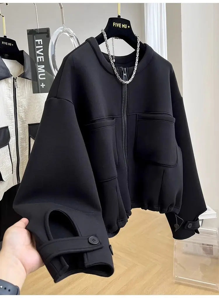 Large size loose round neck short coat women's autumn and winter new American retro casual jacket top  winter clothes women