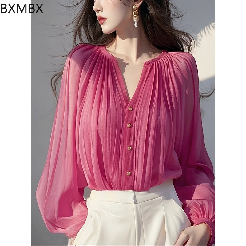 Charming Rose Red Chiffon Button Front Blouse For Women