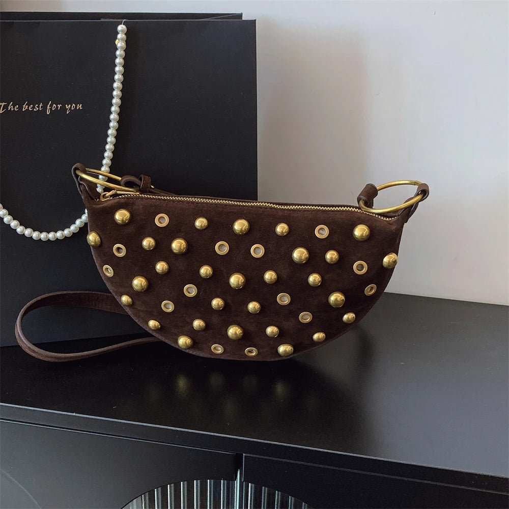 Faux Suede Rivet Half Moon Shoulder Bag for Women