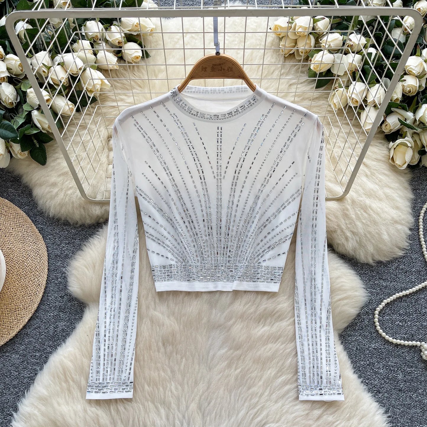 Leopard Print Rhinestone Mesh Long Sleeve Crop Top for Women