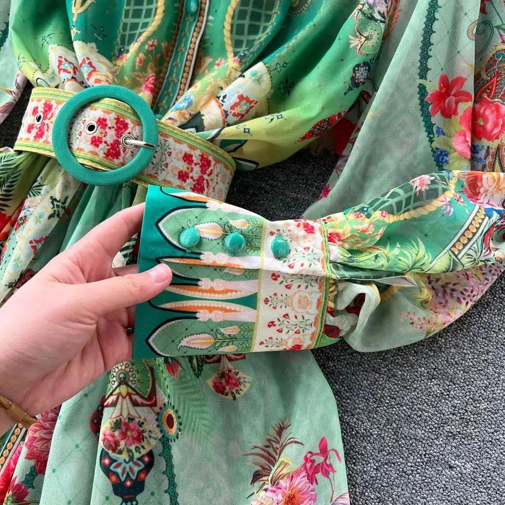 Women's Turtleneck Lantern Sleeve Single Breasted Flower Print Maxi Dress Autumn Bohemian Chiffon Green Belt Holiday Vestidos