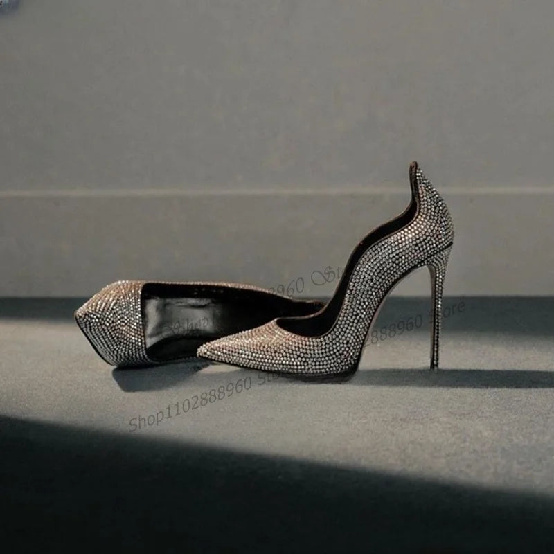 Deluxe Champagne Crystal Pointed Toe Covered Heel Pump for Women