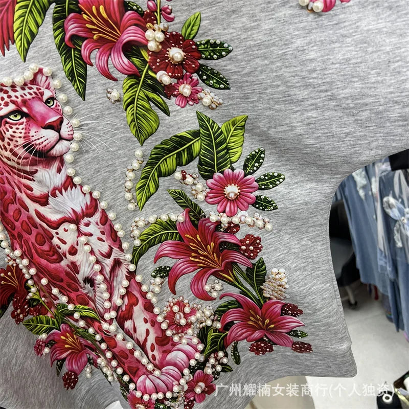 Relaxed Fit Beaded Animal Print Crew Neck Tee For Women