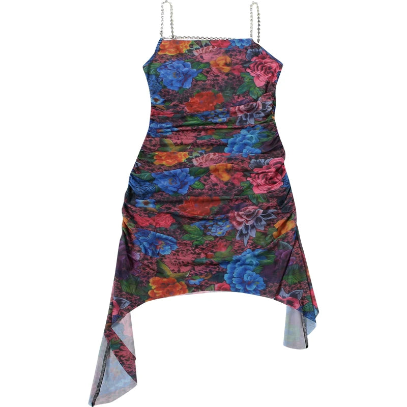 Floral Print Rhinestone Chain Low Neck Backless Mini Dress for Women