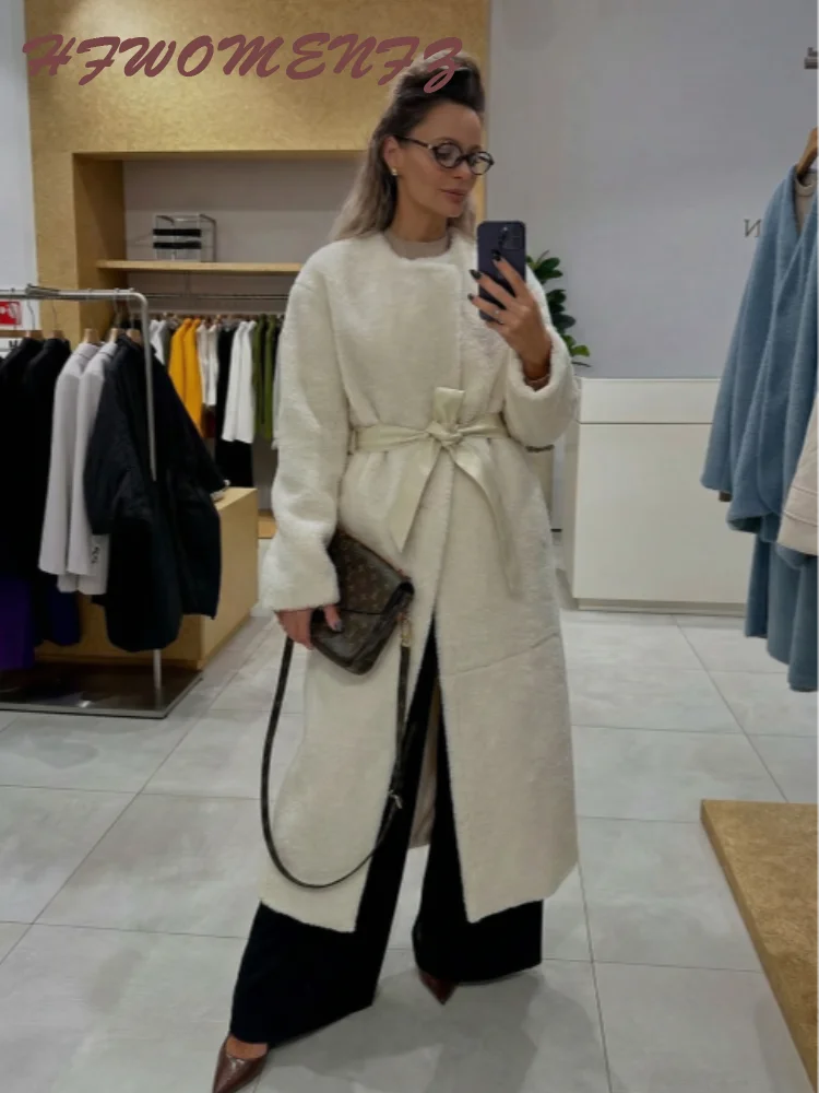 Lace Up Elegant White Faux Fur Long Coat for Women