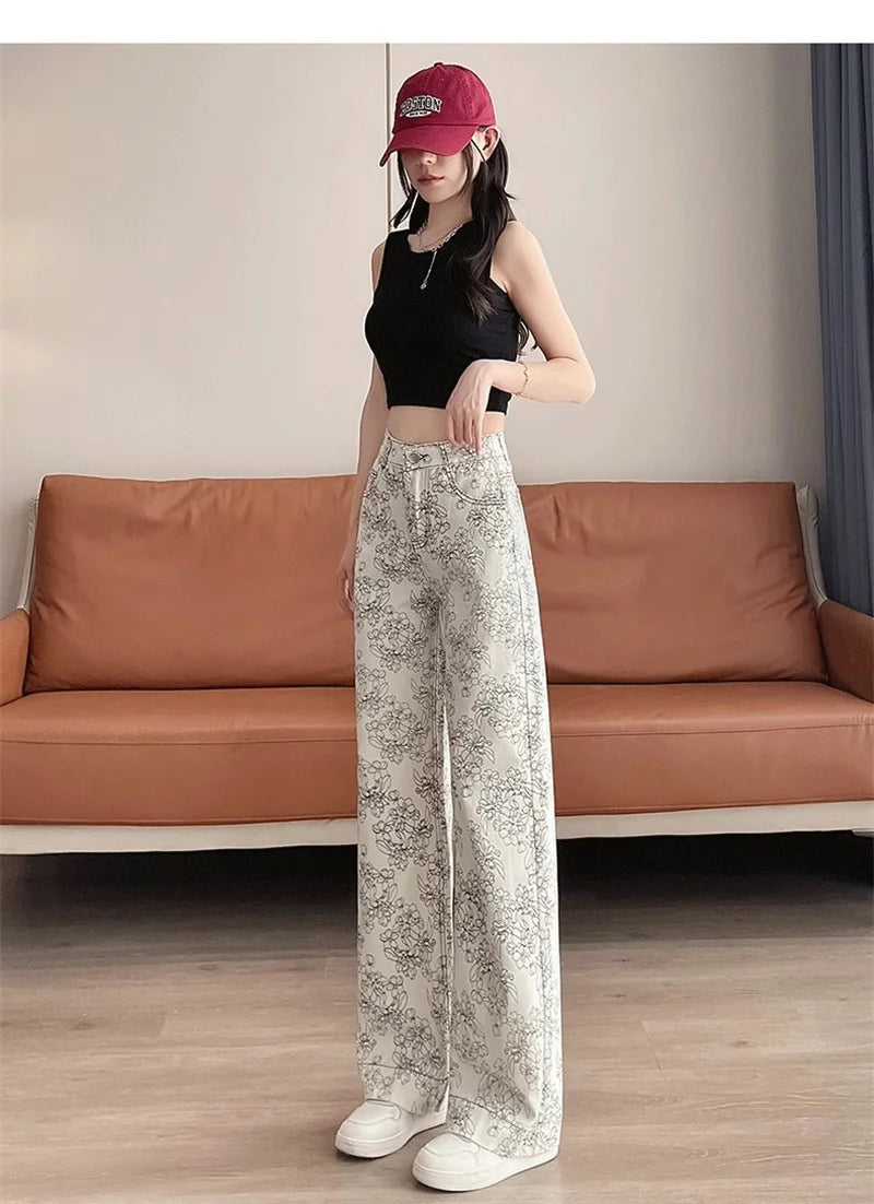 High Rise Wide Leg Printed Denim Pants For Women