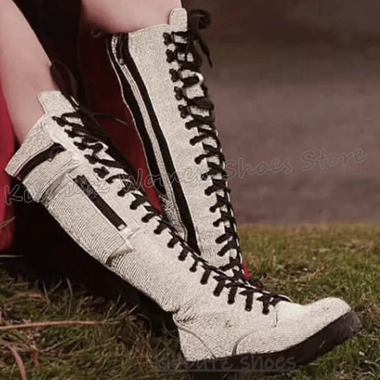 Knee High Boots Bling Glossy Pocket Zipper Lace-Up Round Toe Chunky Heels Fashion Punk Rock Gothic Novelty Sexy Women Shoes New