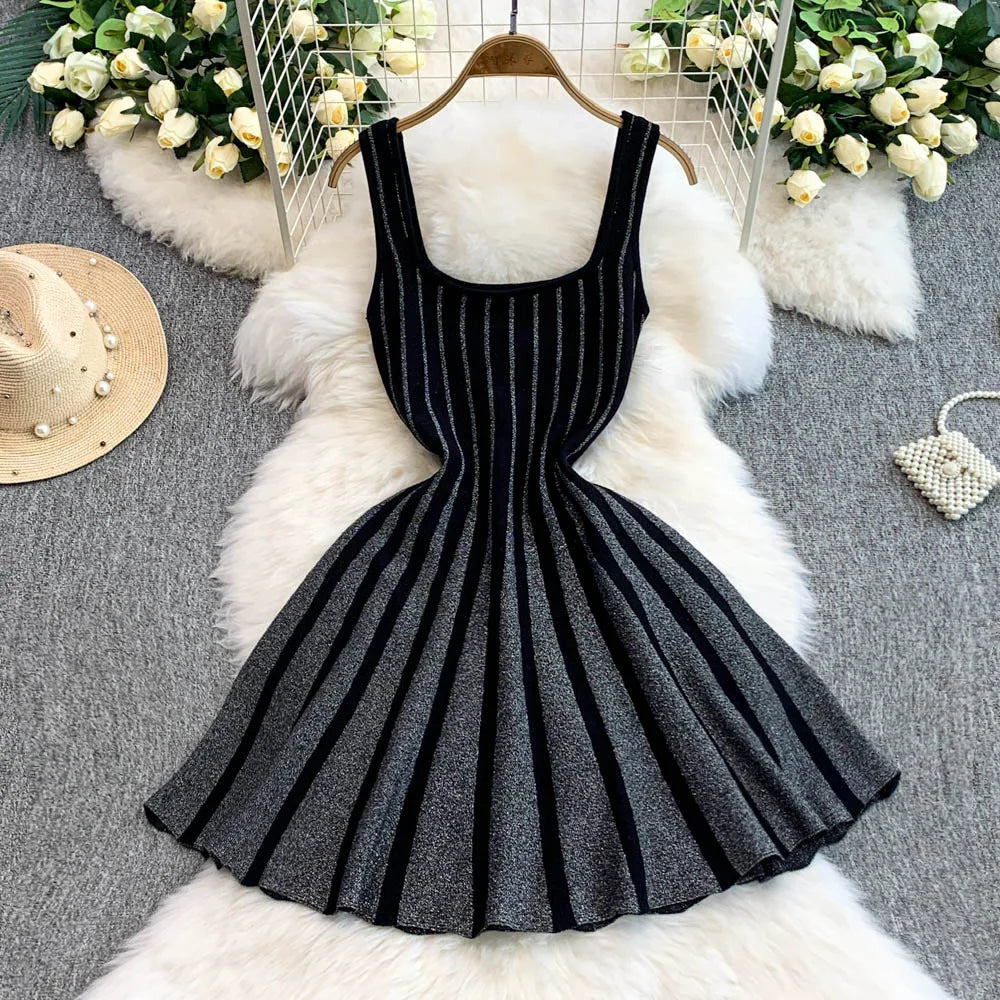 FAGADOER Summer Fashion Knit Bodycon Mini Dresses Women Square Collar Sleeveless Backless High Waist Dress Female Office Vestido