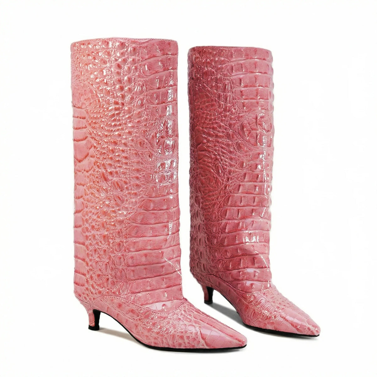 Crocodile Print Wide Shaft Kitten Heel Knee High Boots for Women