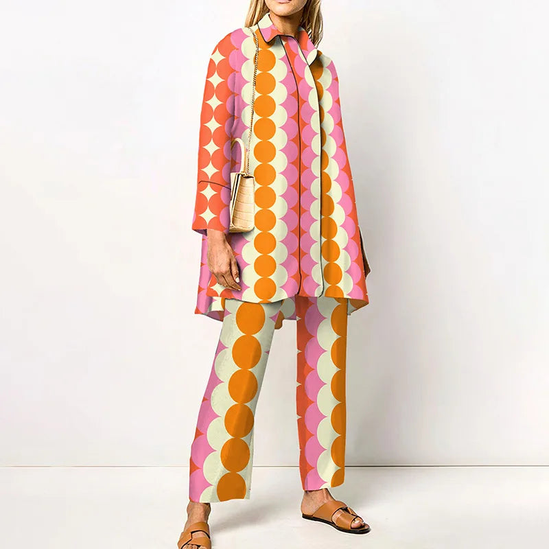 2022 Sets Womens Outfits Elegant Loungewear Print Spring Autumn 2PCS Ladies Suit Long Sleeve Wide Leg Pants Loose Fit Streetwear