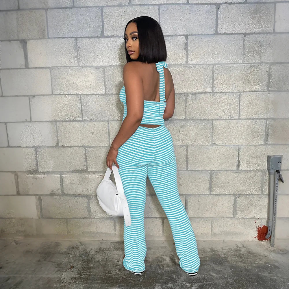 FAGADOER Sexy Stripe Patchwork Two Piece Outfits Woman Halter Backless Tank Top + Skinny Pants Suits Female Streetwear Clothing