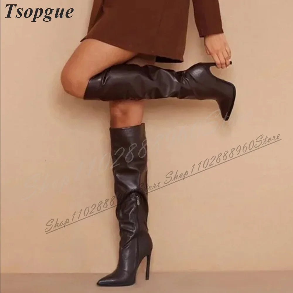 Knee High Coffee Matte Soft Leather Boots Thin High Heel Women Shoes Side Zipper Pointed Toe 2024 Fashion Zapatos Para Mujere