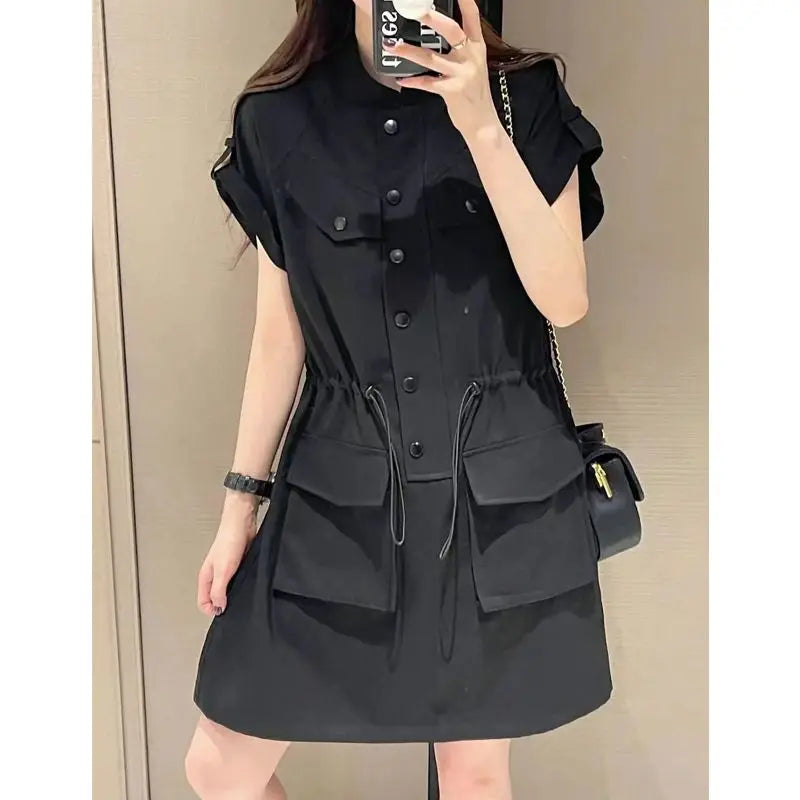 European Retro Stand Collar Drawstring Midi Dress for Women