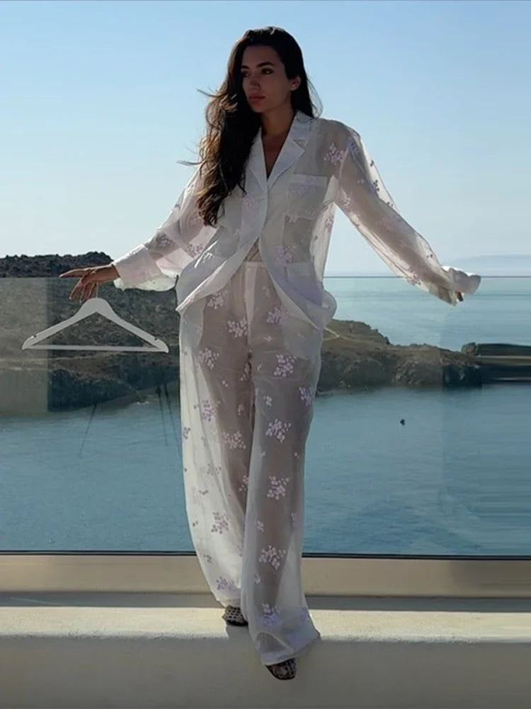 Sheer Casual Shirt and Wide Leg Pants Set for Women