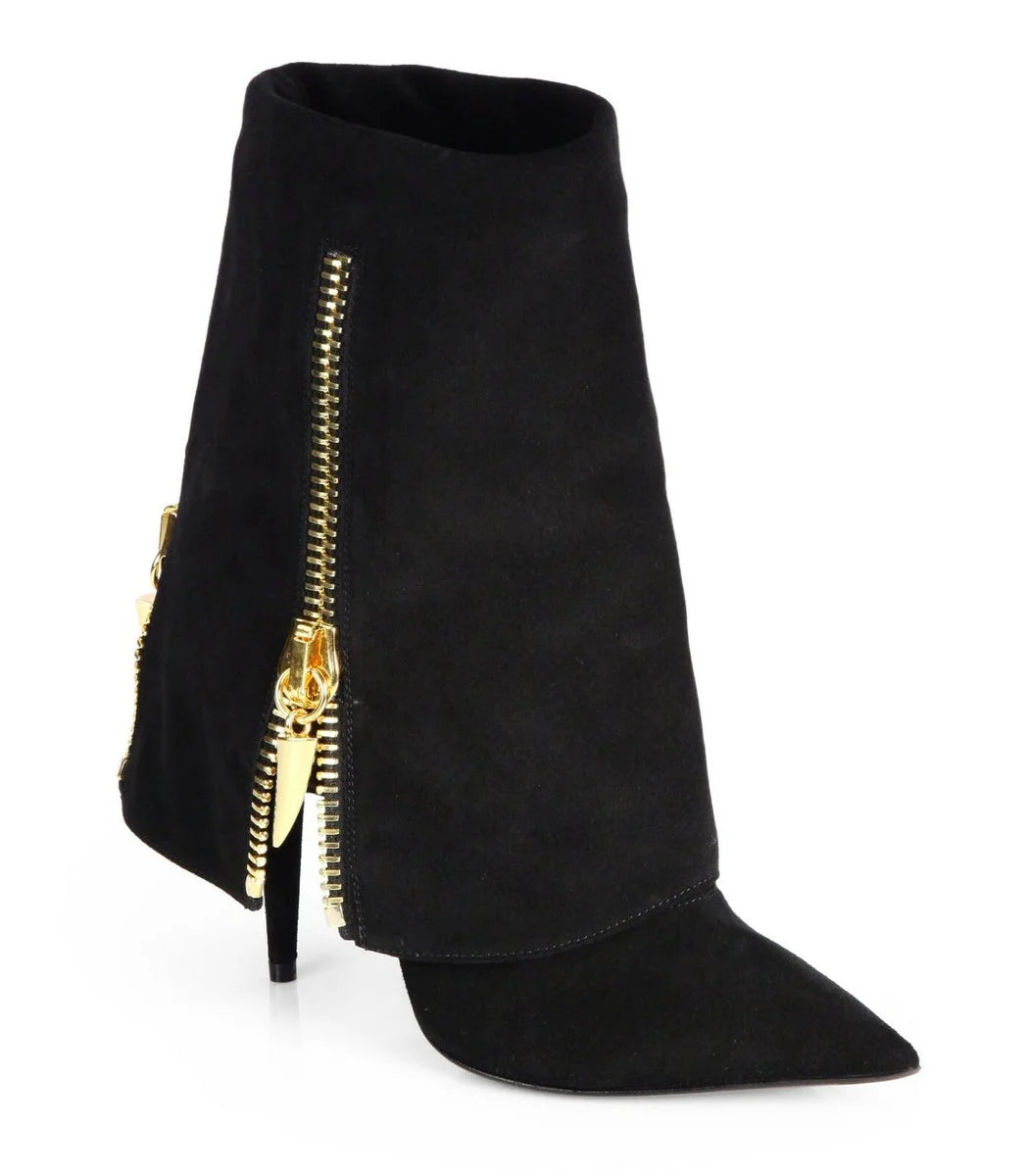 Black Suede Pointed Toe Ankle Boots With Gold Zipper For Women