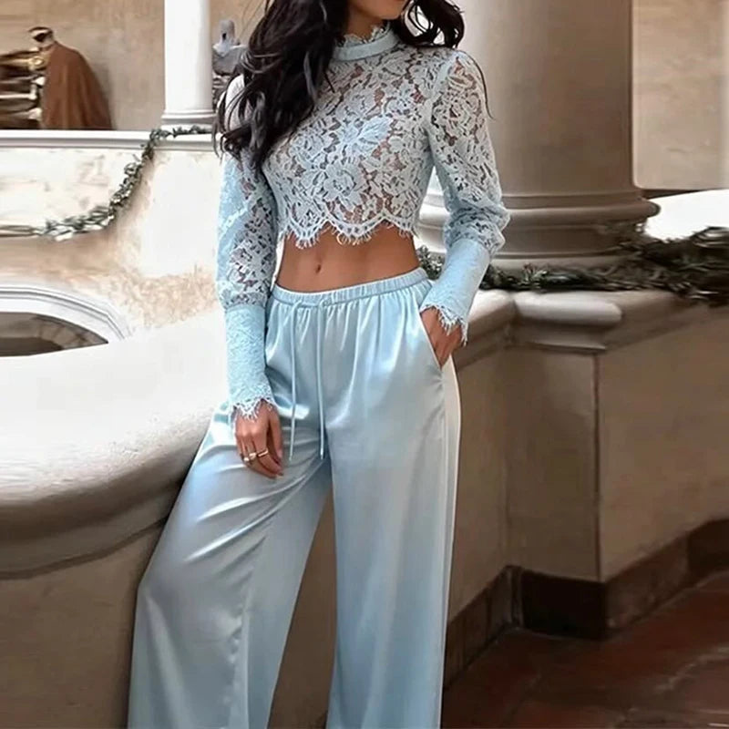 Long Sleeve Lace Two Piece Top And Pants Set for Women