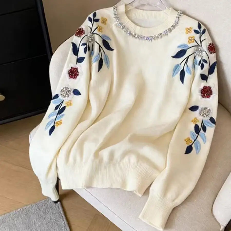 Floral Embroidered Crystal Detail Sweater for Women