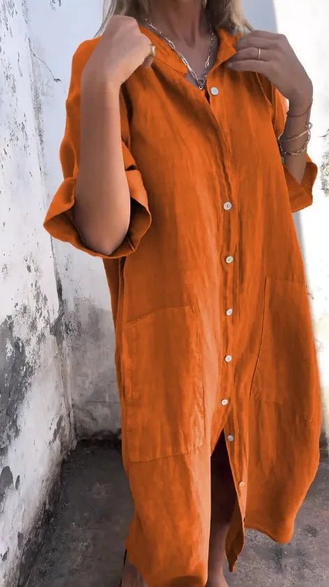 Loose Mid Calf Single Breasted Shirt Dress With Pockets For Women