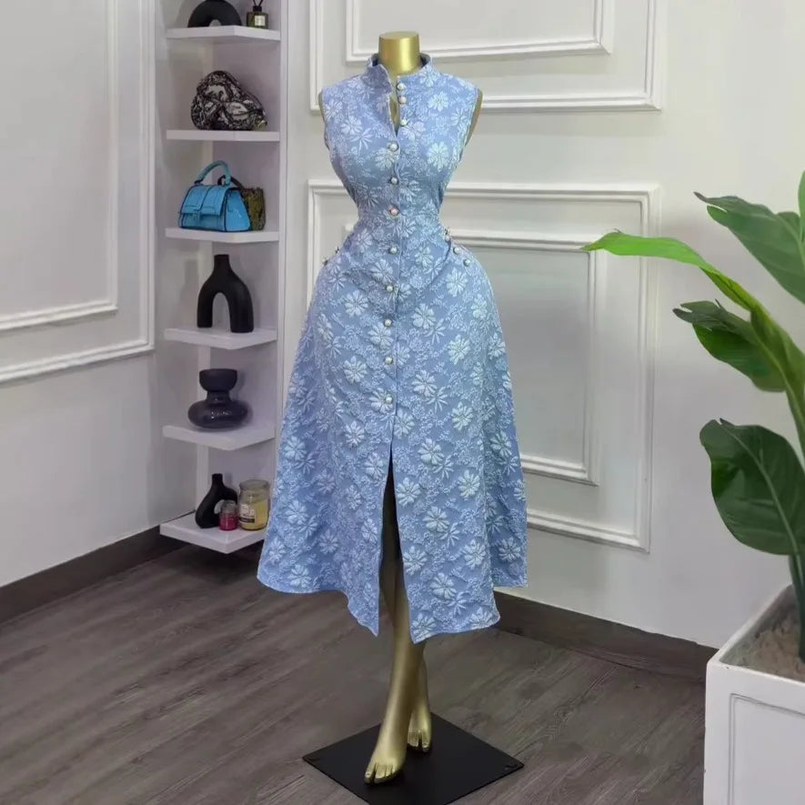 Elegant Sleeveless Stand Collar Midi Dress for Women