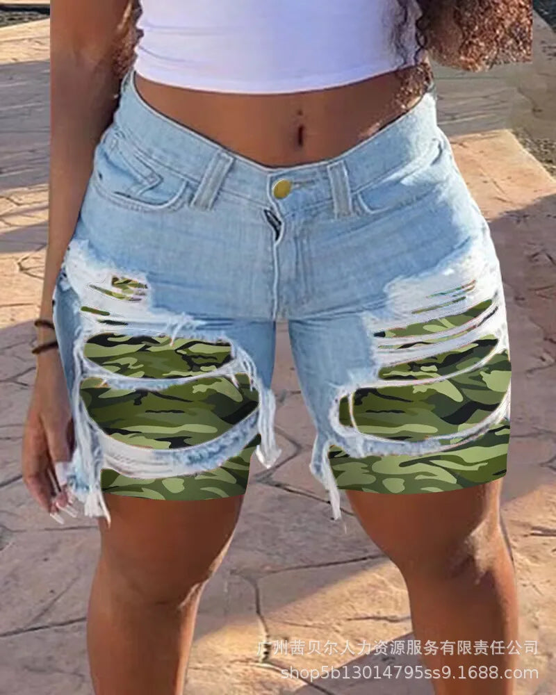 Casual Slim Knee Length Patchwork Denim Shorts for Women