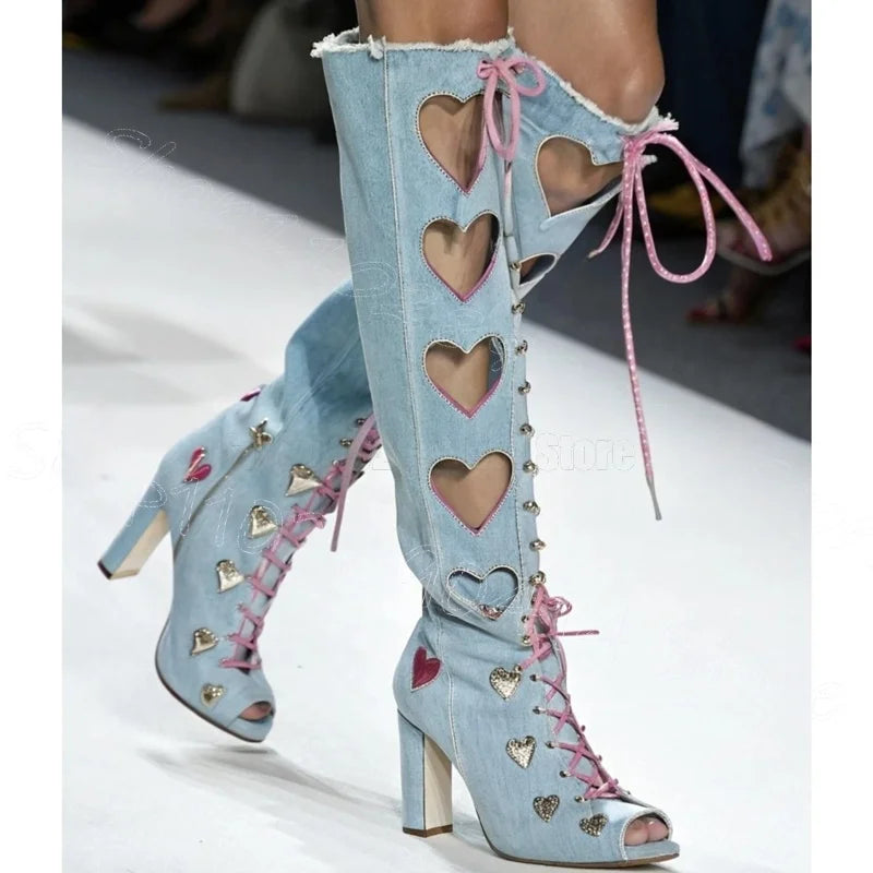Chunky Heel Pointy Toe Denim Boots With Side Zipper For Women