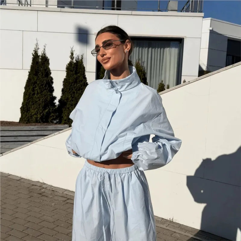 Lace Up Stand Collar Wide Leg Two Piece Set for Women