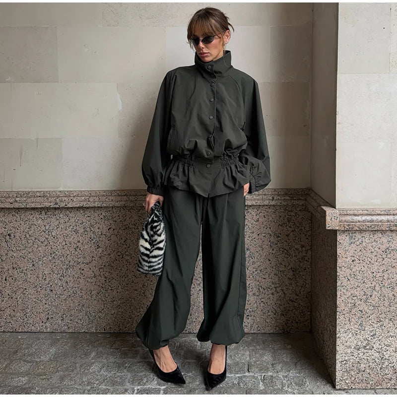 Ruffle Hem Jacket and Jogger Pants Two Piece Set for Women