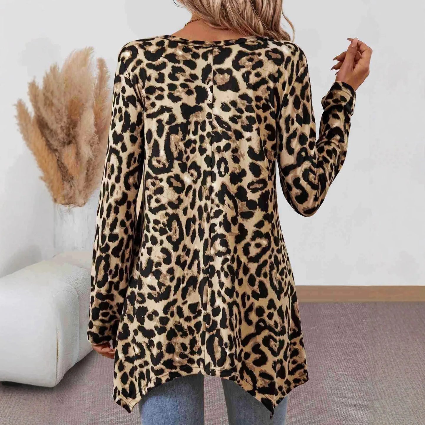 Women Leopard Print Tunic Top Long Sleeve Loose Fit Swing Blouse Irregular Hem Casual Flowy A-Line Shirt Streetwear