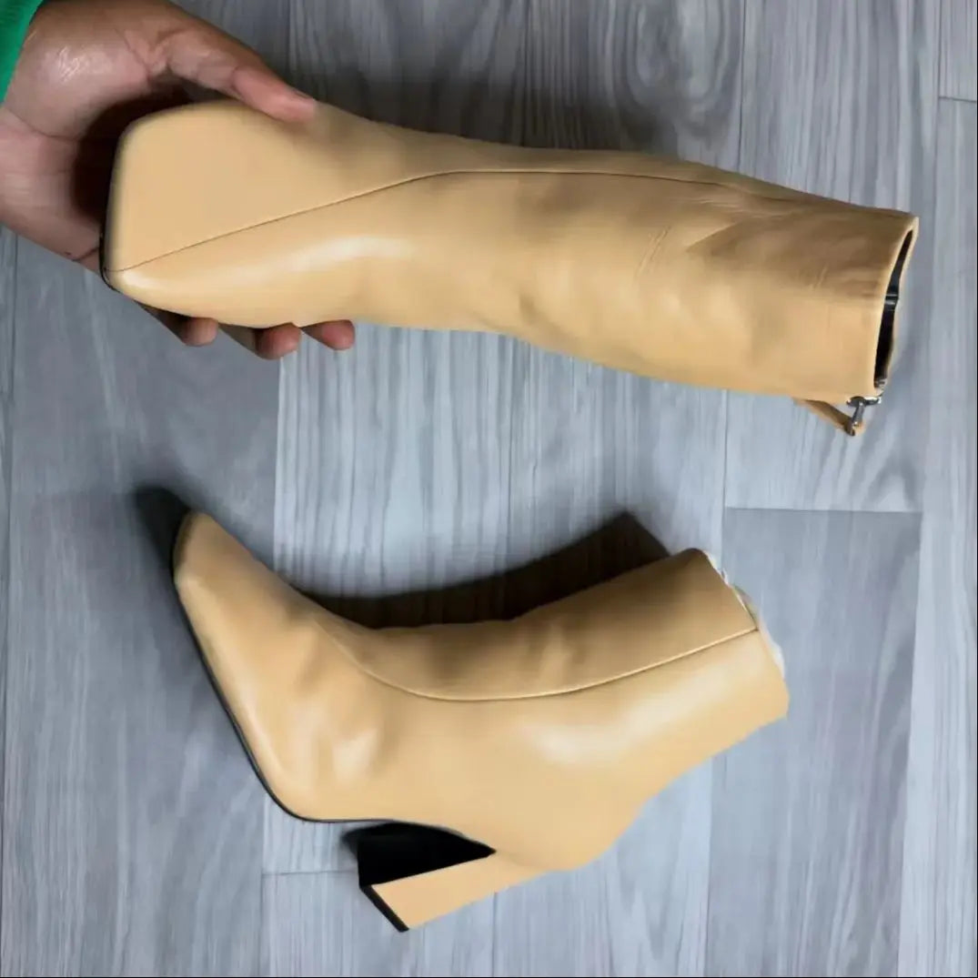 Khaki Leather Chunky Heel Ankle Boots