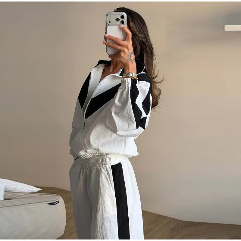 Color Block Zip Up Tracksuit With High Waist Shorts For Women