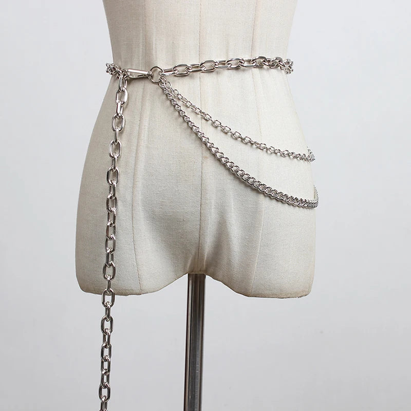 [EAM] Silver Color Metal Chain Long Irregular Belt Personality Women New Fashion Tide All-match Spring Autumn 2025 1DH8768